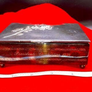 Larger trinket felt lined metal and wooden box with raised rose stem on lid